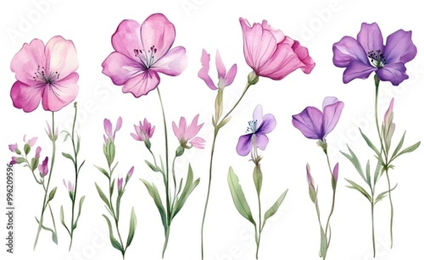 Fototapeta Watercolor wild flower clipart, pink and purple flowers on a white background, in different angles and poses. 