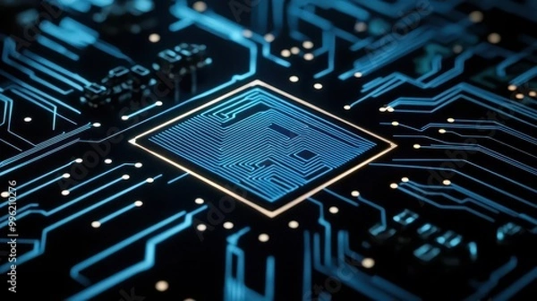 Fototapeta Abstract circuit board design with simple glowing lines, minimalistic style, dark surface with soft highlights