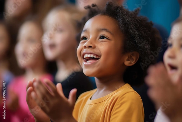 Obraz A young girl is smiling and clapping her hands in front of a group of children