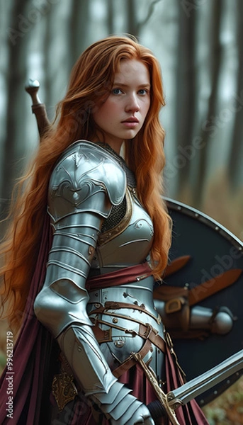 Fototapeta Fierce redhead warrior woman in full armor with sword and shield.