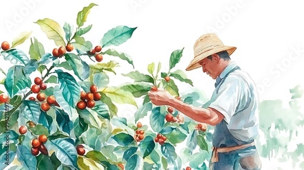 Fototapeta Farmer Picking Coffee Beans from a Branch.
