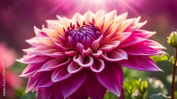 Fototapeta A vibrant pink and yellow dahlia flower blooms in a garden, backlit by a soft golden glow.