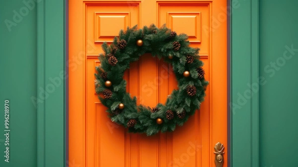 Fototapeta Christmas wreath with Christmas ornaments on a orange door