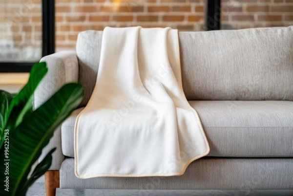 Fototapeta A cozy, cream-colored blanket drapes over a light gray sofa, complemented by a green plant and a backdrop of exposed bricks.