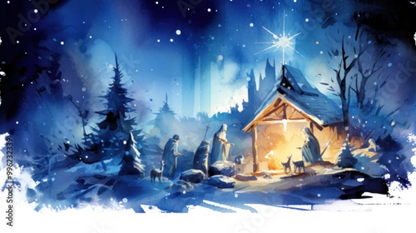 Fototapeta Watercolor of the nativity in vivid blue tones