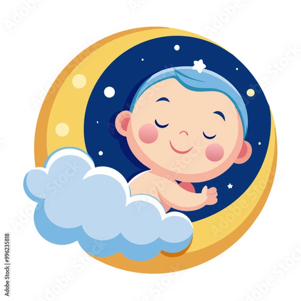 Fototapeta Sweet Dreams on a Crescent Moon: A charming illustration of a baby peacefully sleeping on a cloud within a crescent moon, surrounded by twinkling stars. Perfect for nursery decor, baby products.