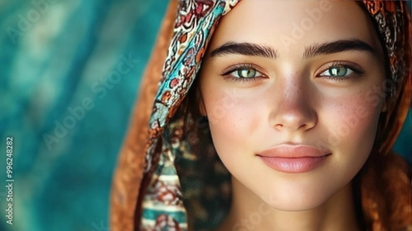 Fototapeta An AI-generated portrait of a person with features that combine elements from different cultures, creating a beautiful, harmonious blend of diversity.