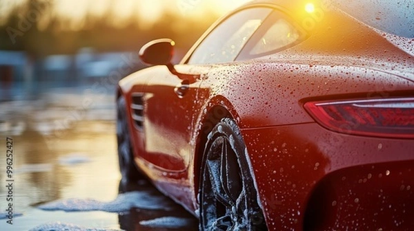 Obraz Clean shiny car during automatic wash with water and soap flowing, car washing process new beautiful stock image illustration AI