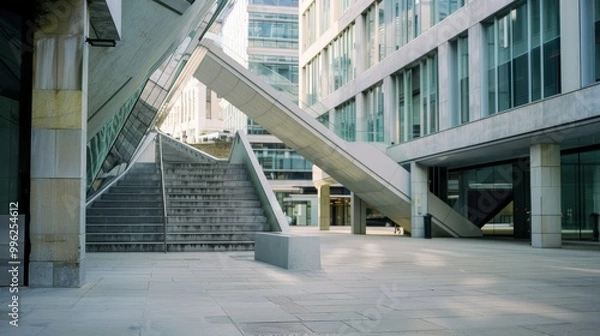 Fototapeta A sleek, almost futuristic urban scene with geometric lines and clean architecture, devoid of people.