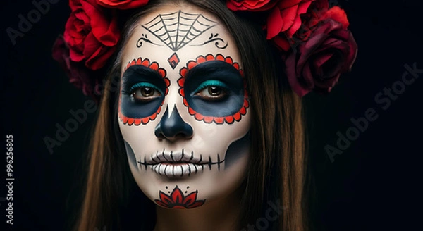 Fototapeta A woman with a sugar skull makeup, adorned with vibrant flowers, representing Día de los Muertos' festive spirit, generative ai