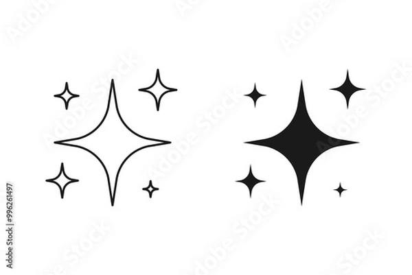 Obraz Shine and sparkle stars icon on light background. Clean symbol. Bright, star, lightning, astronomy, glowing light, twinkle effect. Outline, flat and colored style. Flat design. Vector illustration