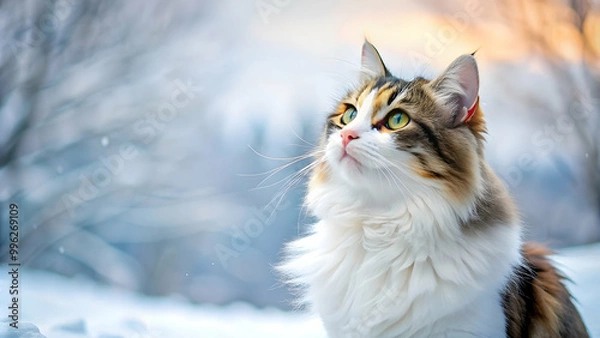 Fototapeta Three color furry winter cat looking up isolated on white background, cat, winter, furry, three color, looking up, isolated
