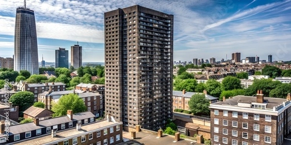 Fototapeta Patterns of Building Exteriors in London The Grenfell tower is in the background AI-Created Content