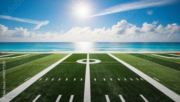 Fototapeta Tranquil american football field with lush, bright green grass, with ocean views, ai generated