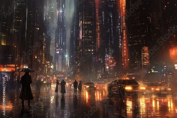 Fototapeta A futuristic rainy cityscape and generative AI are featured in this wallpaper