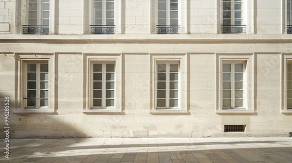Fototapeta Modern Parisian building, minimalist architecture, facing a wall with windows and doors, sunny afternoon, peaceful atmosphere, no people.