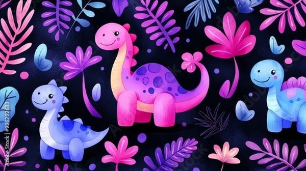 Fototapeta Happy dinosaurs in a magical jungle with neon-colored leaves and flowers, celebrating prehistoric fun.