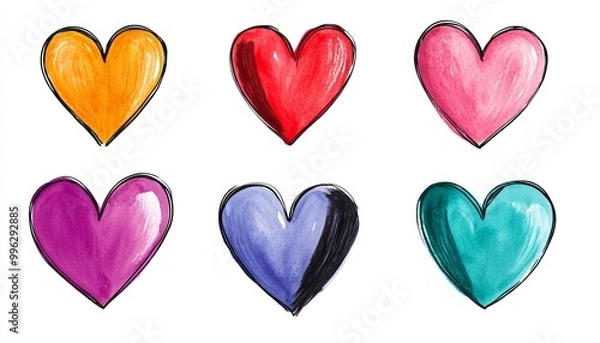 Fototapeta Nine watercolor hearts, each with a vibrant hue, framed by delicate black outlines.
