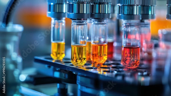 Fototapeta Laboratory test tubes filled with colorful liquids are arranged in rack, showcasing innovative manufacturing methods in scientific environment. vibrant colors reflect advanced techniques used in