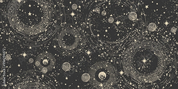 Obraz Seamless cosmic boho pattern with stars on black background for tarot, astrology. Mystical sky with orbits, abstract ornament for astrology. Vector illustration.