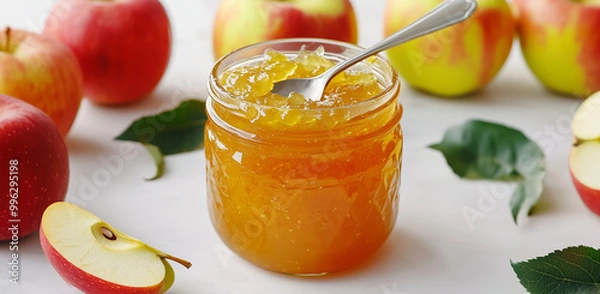 Fototapeta Apple jam in glass jar with fresh apples on white background.