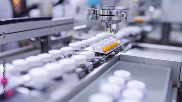 Fototapeta Automated robotic systems are efficiently handling packaging and labeling of pharmaceutical products in modern production facility. precision and speed of this technology enhance productivity and