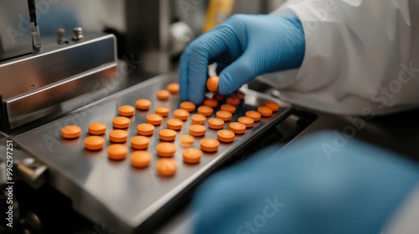 Fototapeta Technicians are carefully arranging orange pills on stainless steel tray in laboratory setting, showcasing precision and attention to detail in pharmaceutical testing
