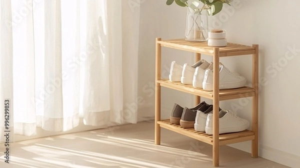 Fototapeta Eco-Friendly Bamboo Shoe Rack - Minimalist Natural Storage Solution for Organized Living and Green Home Dcor with 18 Shelves for Stylish Shoe Organization