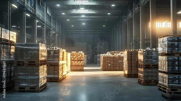 Fototapeta Shot of a large warehouse with neatly stacked boxes and pallets filled with goods, creating an atmosphere that evokes the essence of modern storage technology