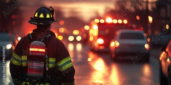 Fototapeta Firefighter Managing Traffic at Accident Scene, Emergency responders working diligently, soft lighting enhances serious ambiance, blurred background details