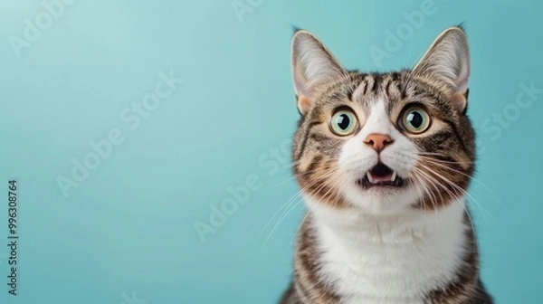 Obraz angry cat with shock sad expression eyes on isolated blue background with copy space