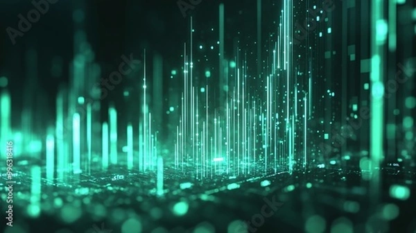 Fototapeta Abstract data visualization with glowing green lines and particles, representing digital technology and modern design.