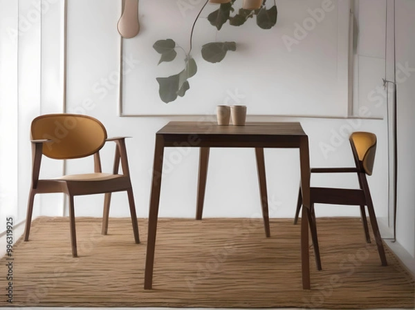 Fototapeta A modern dining room featuring a stylish table, elegant chairs, and a stunning chandelier overhead. generated ai