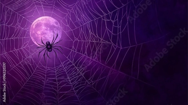 Fototapeta A spider resting in a dewy web against a mystical purple moonlit background, creating an enigmatic and atmospheric scene.