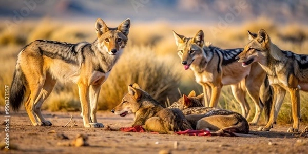 Fototapeta Black backed jackals at a lion kill in the Kalahari Generative By AI