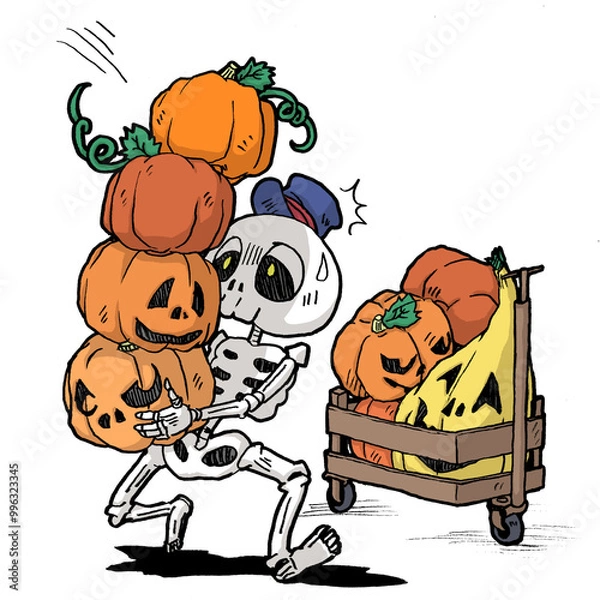 Obraz たくさんのカボチャを運ぶ骸骨の配達員のカラーイラスト