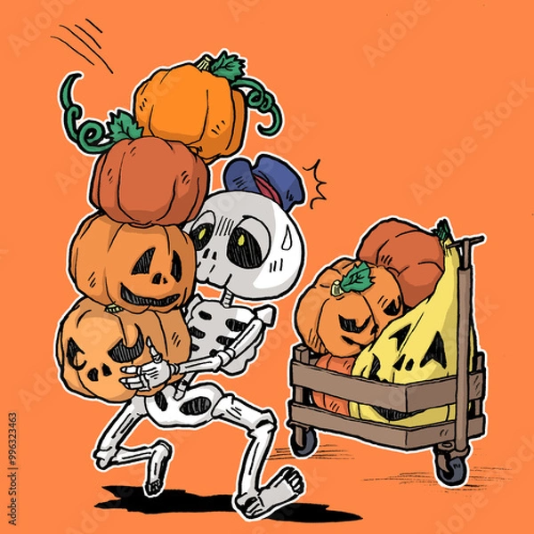 Obraz たくさんのカボチャを運ぶ骸骨の配達員のカラーイラスト
