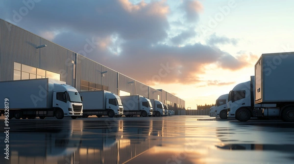 Fototapeta Semi-trailer trucks lined up outside a sunset-lit distribution warehouse with loading docks
