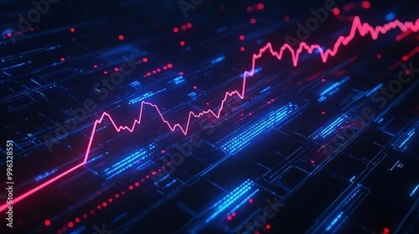 Fototapeta Abstract digital data visualization showing a rising trend line on a futuristic background.