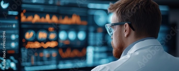 Fototapeta Scientist analyzing data on a computer screen in a modern laboratory.