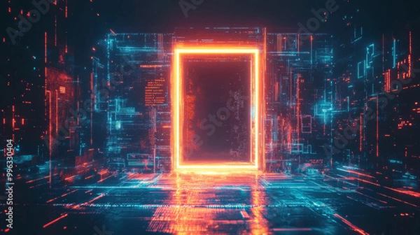 Fototapeta A futuristic door in abstract digital cyberspace, symbolizing a portal to other worlds. An open neon gate glowing in the dark, representing a doorway without walls. A time machine concept, showcasing 