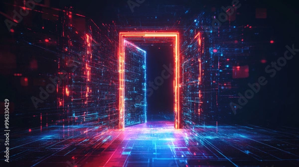 Fototapeta A futuristic door in abstract digital cyberspace, symbolizing a portal to other worlds. An open neon gate glowing in the dark, representing a doorway without walls. A time machine concept, showcasing 