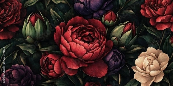 Fototapeta Dark moody peonies art illustration botanical.