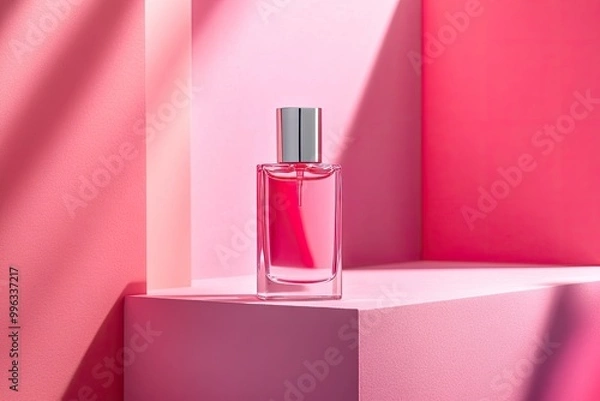 Fototapeta Perfume bottle on a pink background. This photo can be used for advertising, product mockups, or for branding purposes.