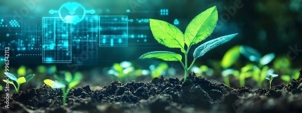 Fototapeta  AI-generated plant sprouting from the ground, with futuristic technology symbols and data visualization in the background