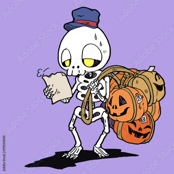 Obraz たくさんのカボチャを運ぶガイコツの配達員のフルカラーイラスト