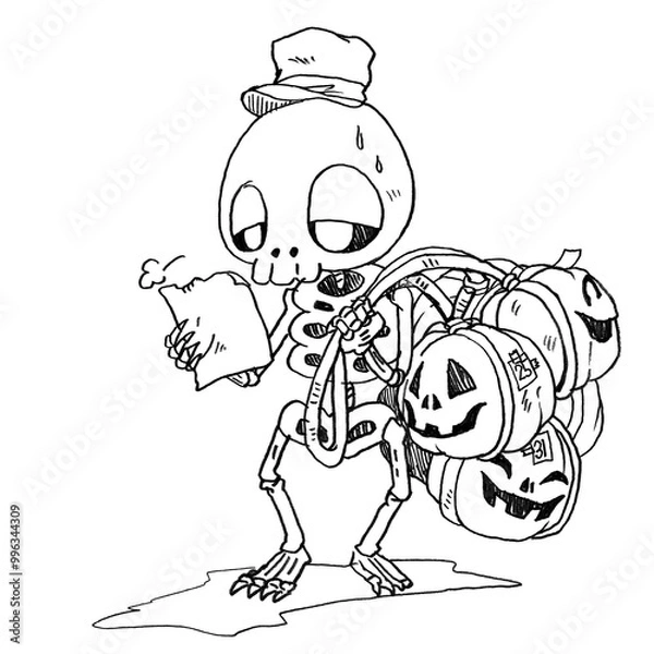 Obraz たくさんのカボチャを運ぶガイコツの配達員の線画イラスト