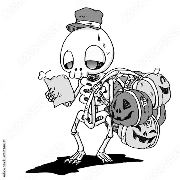 Obraz たくさんのカボチャを運ぶガイコツの配達員のモノクロイラスト