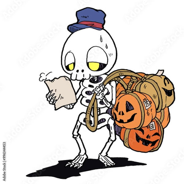 Obraz たくさんのカボチャを運ぶガイコツの配達員のフルカラーイラスト