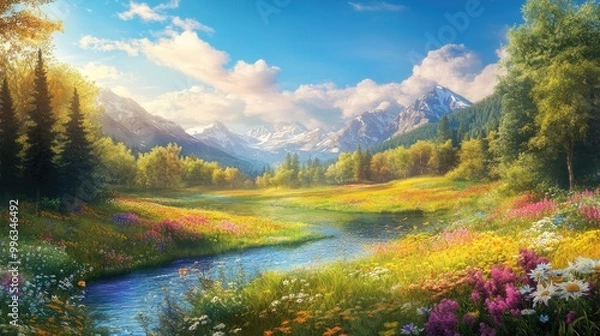 Fototapeta Beautiful landscape of wild nature, featuring vibrant fields of flowers, clear rivers, and towering trees in a colorful and serene setting